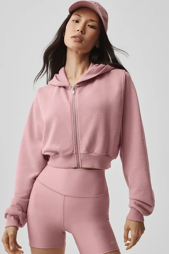 Sweet Escape Fermuarlı Kapüşonlu Kapüşonlu Sweatshirt - Vintage Pembe