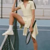 Tennis Club Kazak Örgü Kısa Polo - Yulaf Rengi/Beyaz