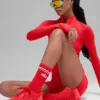 Unisex Yarım Bilekli Retro Çorap - Parlak Kırmızı/Beyaz