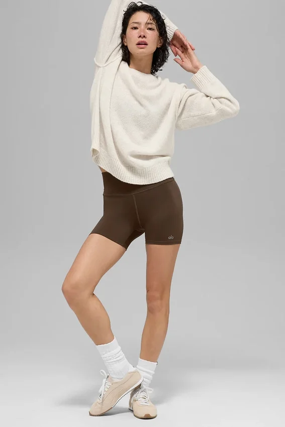 Unisex Yün Kaşmir New Class Bisiklet Yaka Kazak - Kemik Rengi Melanj