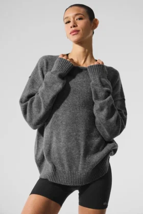 Unisex Yün Kaşmir New Class Bisiklet Yaka Kazak - Platin Gri
