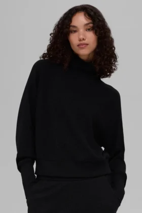 Waffle Weekend Escape Mock Neck Uzun Kollu - Siyah
