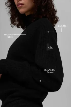 Waffle Weekend Escape Mock Neck Uzun Kollu – Siyah