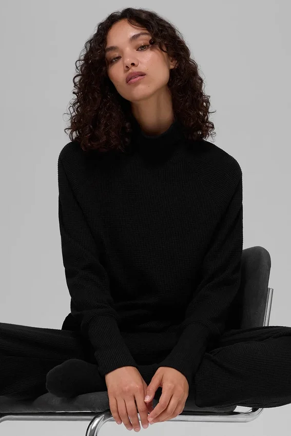 Waffle Weekend Escape Mock Neck Uzun Kollu - Siyah