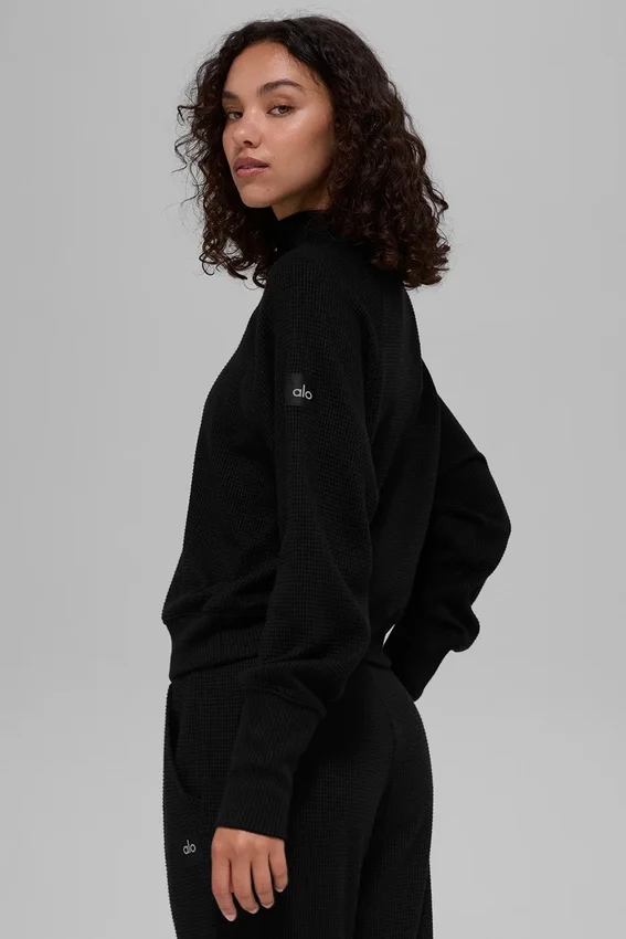 Waffle Weekend Escape Mock Neck Uzun Kollu - Siyah
