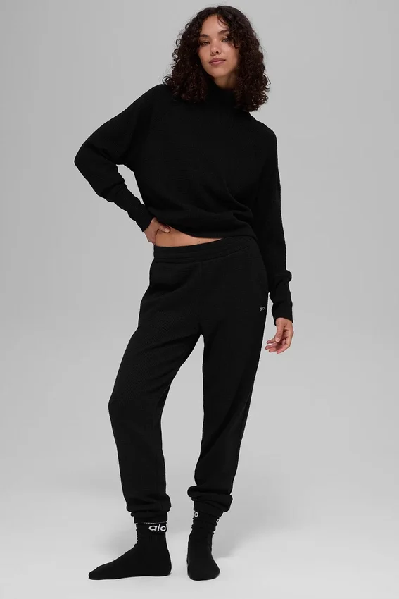Waffle Weekend Escape Mock Neck Uzun Kollu - Siyah