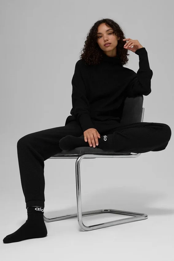 Waffle Weekend Escape Mock Neck Uzun Kollu - Siyah