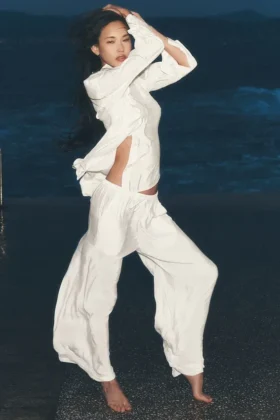 Yarı Şeffaf Golden Hour High-Waist Düz Paça Pantolon - Fildişi