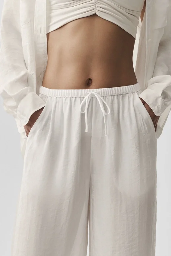 Yarı Şeffaf Golden Hour High-Waist Düz Paça Pantolon - Fildişi
