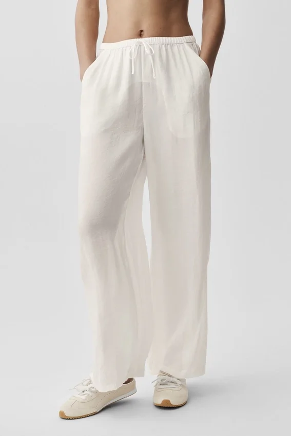 Yarı Şeffaf Golden Hour High-Waist Düz Paça Pantolon - Fildişi