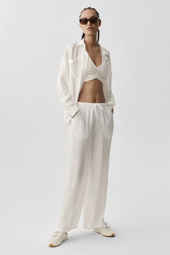 Yarı Şeffaf Golden Hour High-Waist Düz Paça Pantolon - Fildişi