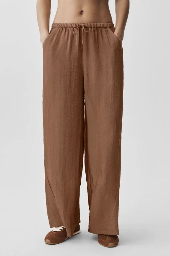 Yarı Şeffaf Golden Hour High-Waist Düz Paça Pantolon - Güneşten Öpülmüş Kahverengi