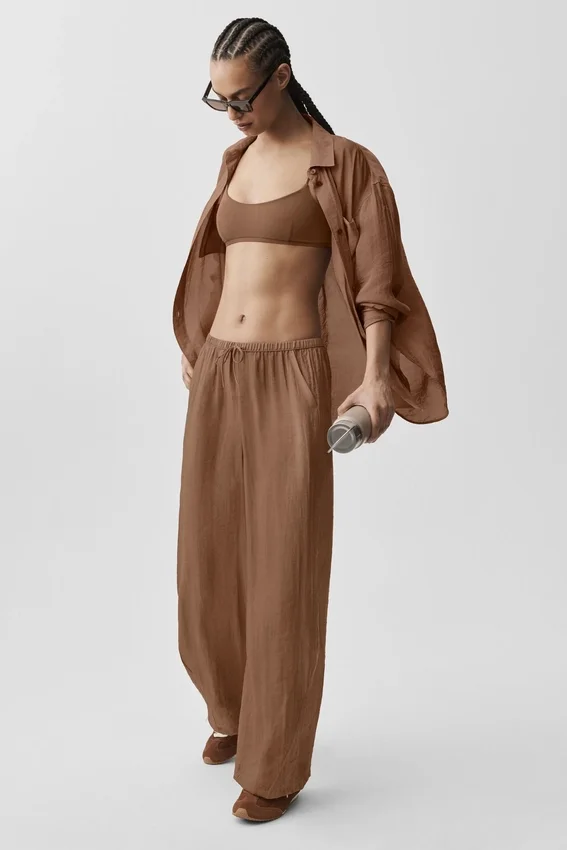 Yarı Şeffaf Golden Hour High-Waist Düz Paça Pantolon - Güneşten Öpülmüş Kahverengi