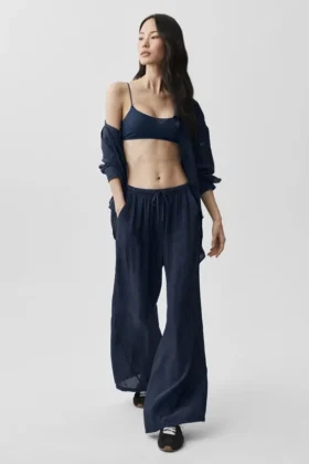 Yarı Şeffaf Golden Hour High-Waist Düz Paça Pantolon - Lacivert