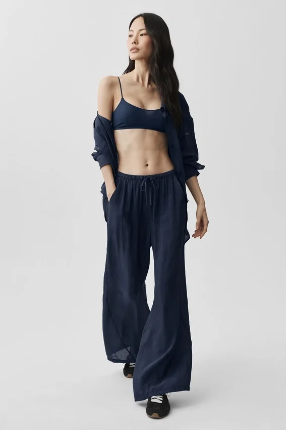 Yarı Şeffaf Golden Hour High-Waist Düz Paça Pantolon - Lacivert