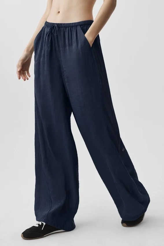 Yarı Şeffaf Golden Hour High-Waist Düz Paça Pantolon - Lacivert