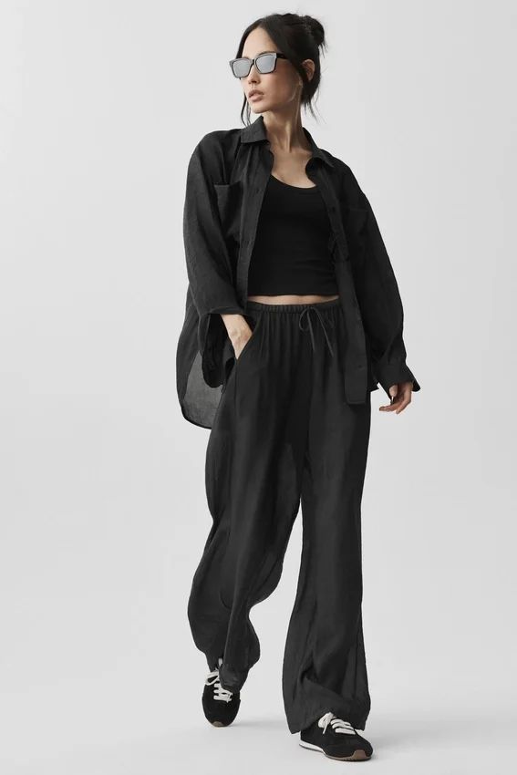 Yarı Şeffaf Golden Hour High-Waist Düz Paça Pantolon - Siyah