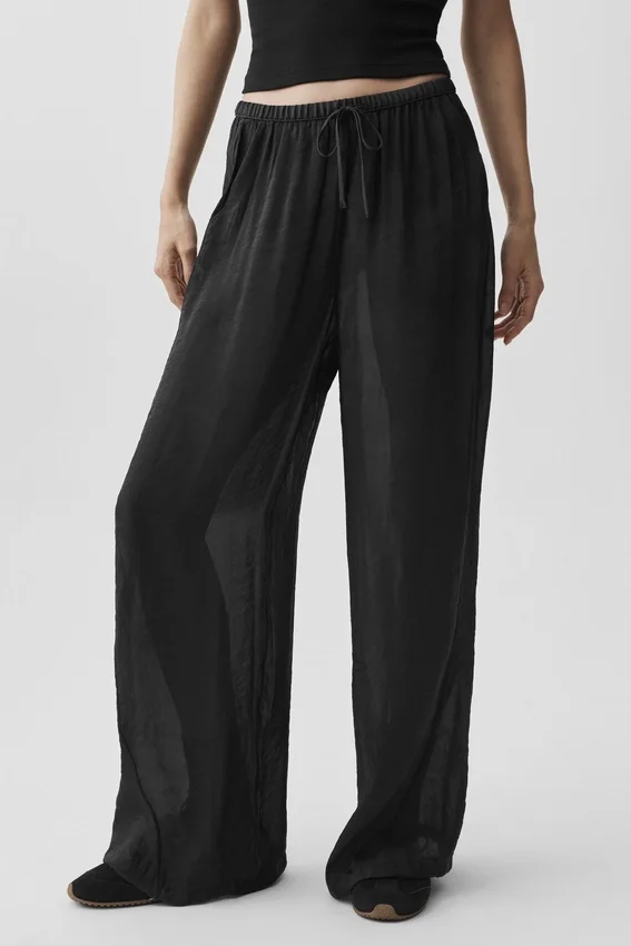 Yarı Şeffaf Golden Hour High-Waist Düz Paça Pantolon - Siyah