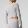 Yıkanmış Alosoft Crop Finesse Uzun Kollu - Gri Gökyüzü Yıkama