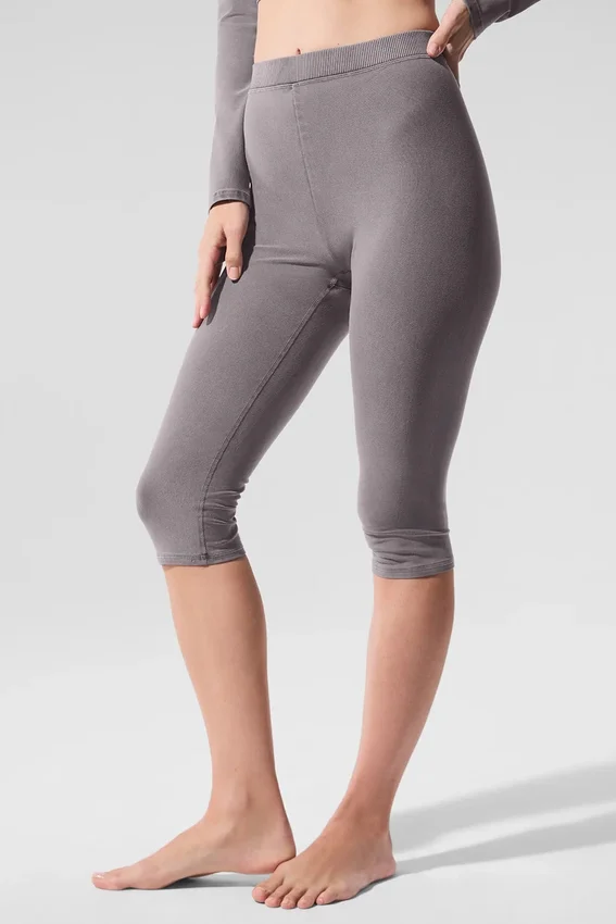 Yıkanmış High-Waist Alosoft İkonik 90'lar Capri - Soğuk Gri Yıkama