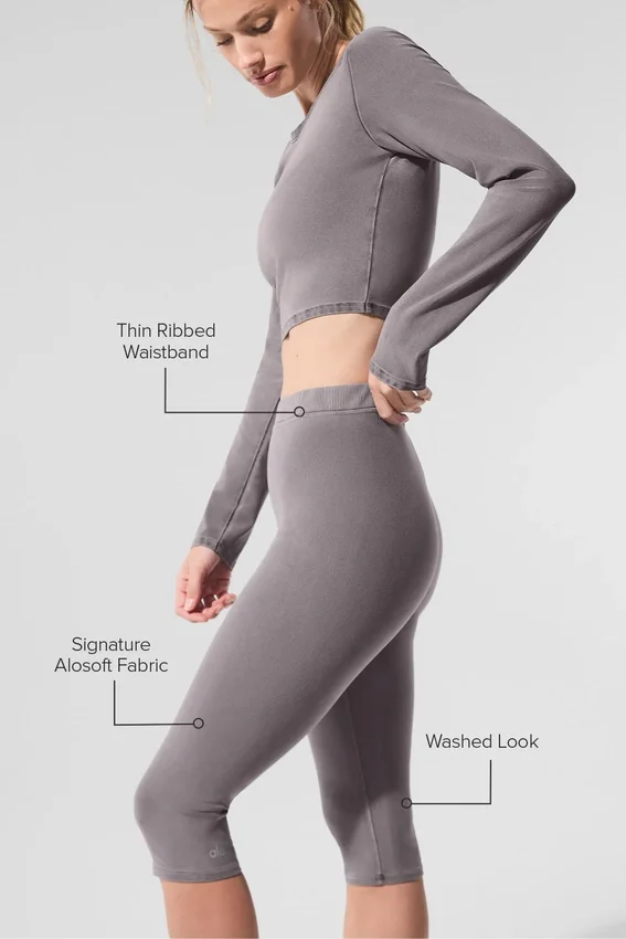 Yıkanmış High-Waist Alosoft İkonik 90'lar Capri - Soğuk Gri Yıkama