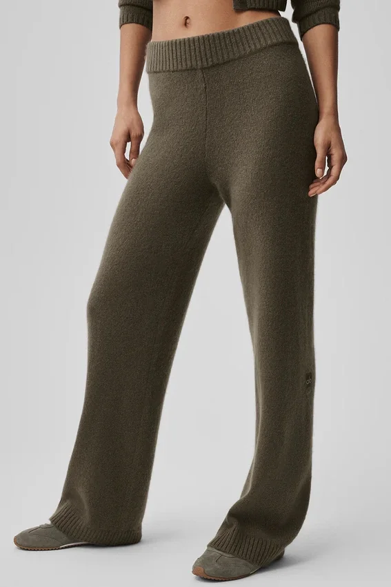 Yün Kaşmir High-Waist New Class Geniş Paça Pantolon - Zeytin Ağacı