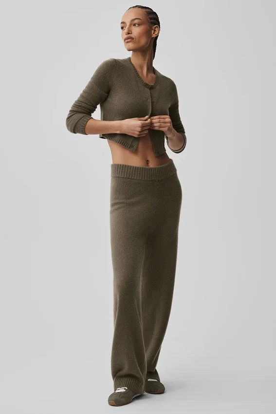 Yün Kaşmir High-Waist New Class Geniş Paça Pantolon - Zeytin Ağacı