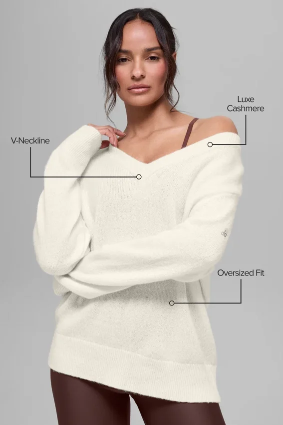 Yün Kaşmir New Class Oversized V Yaka Kazak - Fildişi