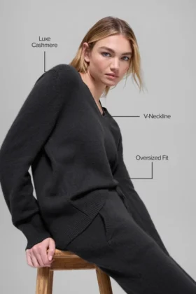 Yün Kaşmir New Class Oversized V Yaka Kazak – Siyah